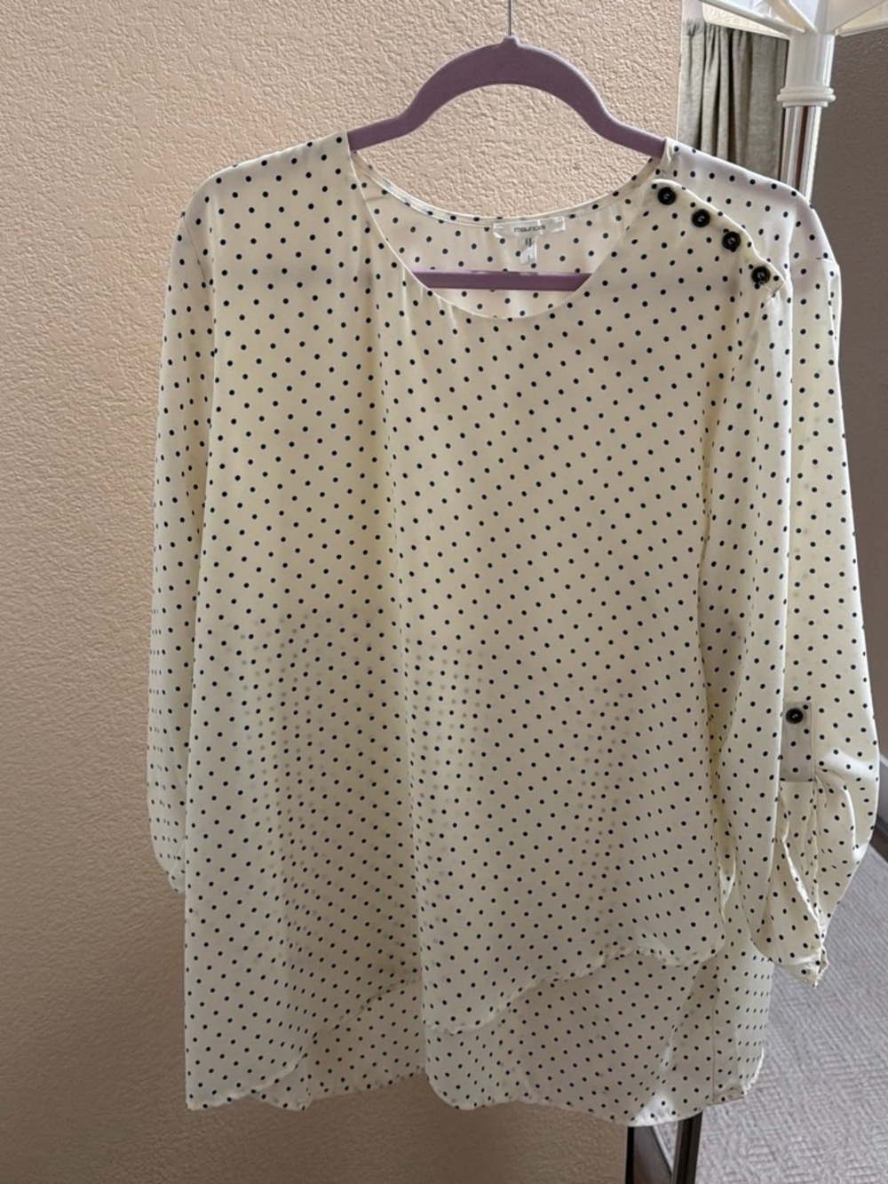 Maurices Cream Long-Sleeve Polka Dot Blouse with Shoulder Buttons